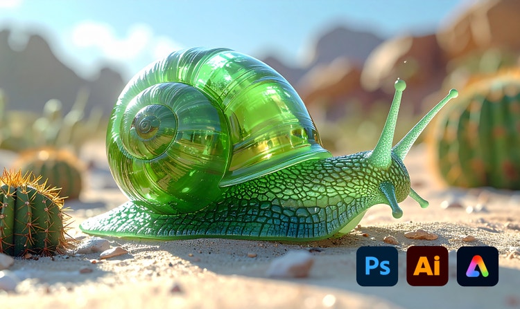 Lumaca di vetro verde traslucido sulla sabbia del deserto con le icone di Photoshop, Illustrator e Adobe Express nell’angolo in basso.