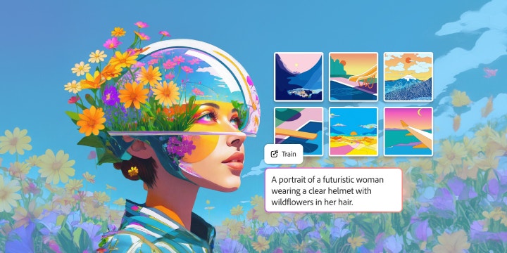 Un’illustrazione di una donna con fiori colorati sulla testa e un casco trasparente, raffigurata su uno sfondo variopinto di fiori selvatici, con sopra una serie di sfondi simili. Un prompt IA recita: “Un ritratto di una donna futuristica che indossa un casco trasparente con fiori selvatici tra i capelli”.