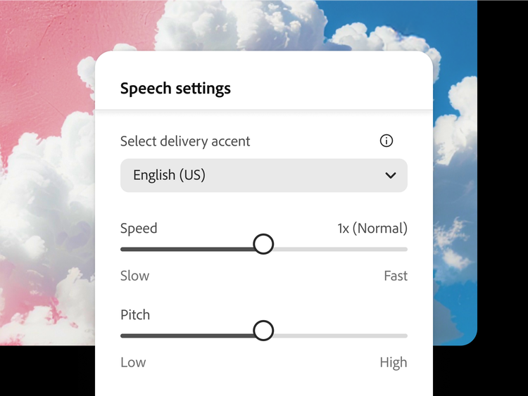 Menu Impostazioni parlato con l’accento inglese (Stati Uniti) selezionato e i cursori per regolare la velocità del parlato (impostata su 1x) e la tonalità (impostata su un valore intermedio), su uno sfondo che ritrae un cielo rosa e blu con nuvole.