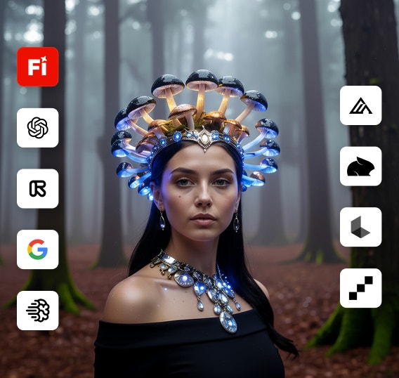Immagine di una donna in un bosco che indossa un copricapo luminoso realizzato con funghi, su cui sono sovrapposte delle icone che rappresentano i vari modelli di IA disponibili in Firefly.