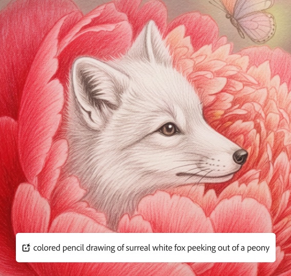 Volpe bianca tra peonie rosa e farfalle in stile matite colorate, con sovrapposizione del prompt da testo a immagine che mostra il processo di creazione.