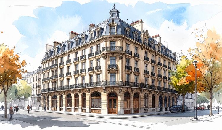 Uno schizzo architettonico di un edificio d'angolo con caratteristiche classiche generato con l'intelligenza artificiale di Firefly.