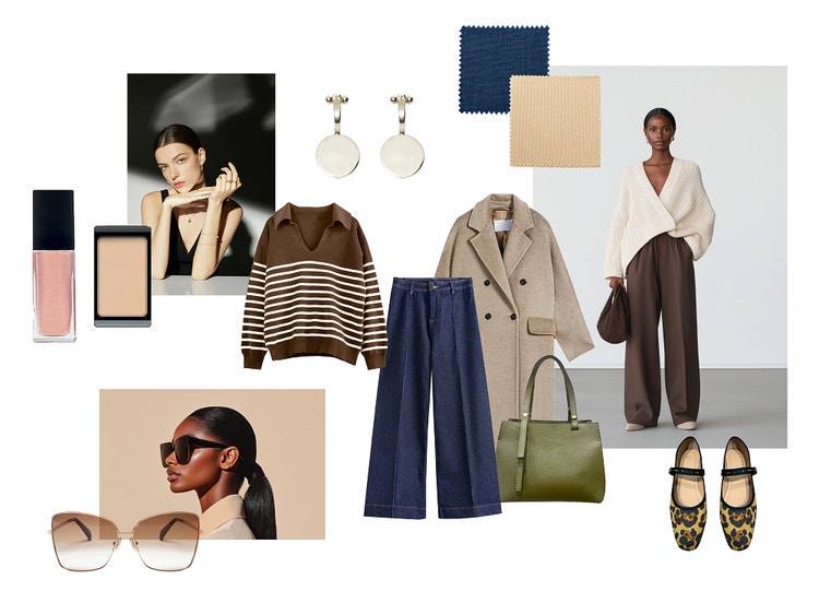 Una moodboard per la moda autunnale in colori neutri creata con l'IA, che include trucco, accessori, abbigliamento a strati e immagini di riferimento.