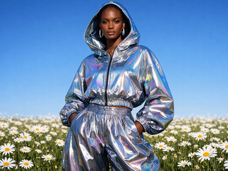 Una donna con una tuta con cappuccio color argento iridescente posa in un campo di margherite.