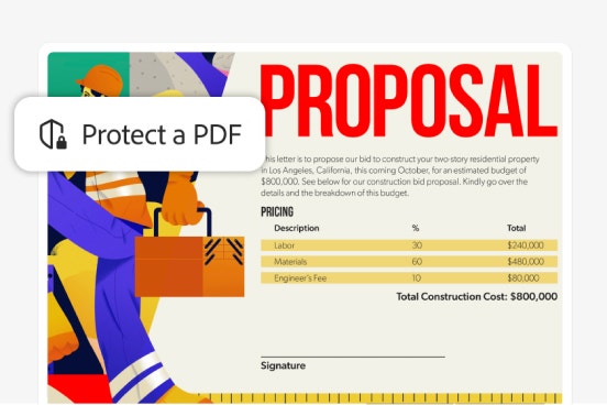 Immagine del documento di un progetto con sovrapposta l’icona della funzionalità di Acrobat “Proteggi un PDF”.