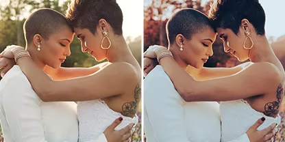 Due foto identiche una accanto all’altra di una coppia sposata in posa per una foto di matrimonio; sulla foto a destra è applicato un predefinito &quot;Cinematografico&quot; di Adobe {{lightroom}}