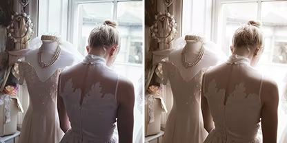 Due foto identiche una accanto all’altra di una donna vestita da sposa che guarda fuori da una finestra; sulla foto a destra è applicato un predefinito &quot;Foto invecchiata&quot; di Adobe {{lightroom}}