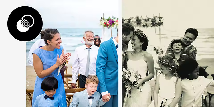 Foto di un matrimonio sulla spiaggia con un predefinito di Adobe {{lightroom}} applicato alla metà destra della foto