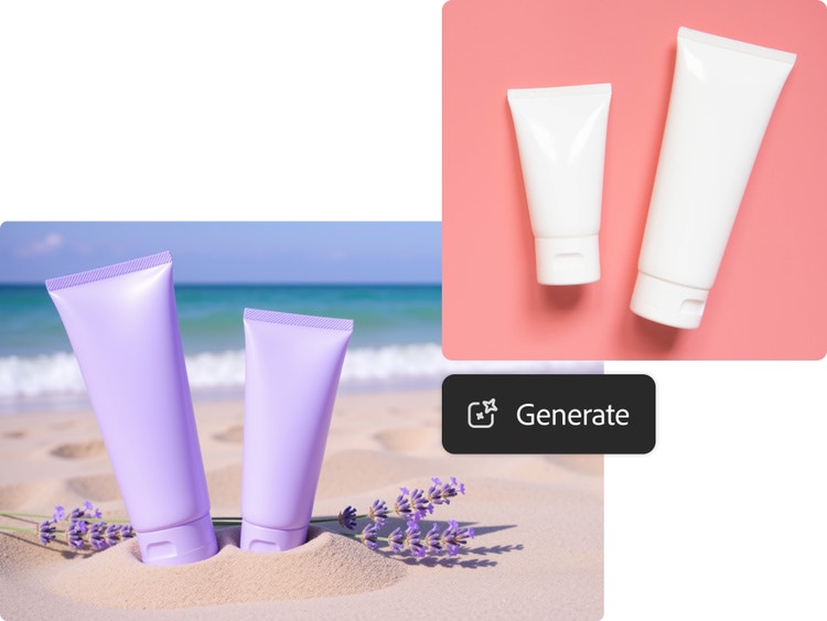 Due immagini, una con tubi cosmetici bianchi su sfondo arancione e l'altra con tubi cosmetici viola su una spiaggia sabbiosa, che mostrano come modificare facilmente le schede prodotto per l'e-commerce con l'editor di foto basato sull'IA.