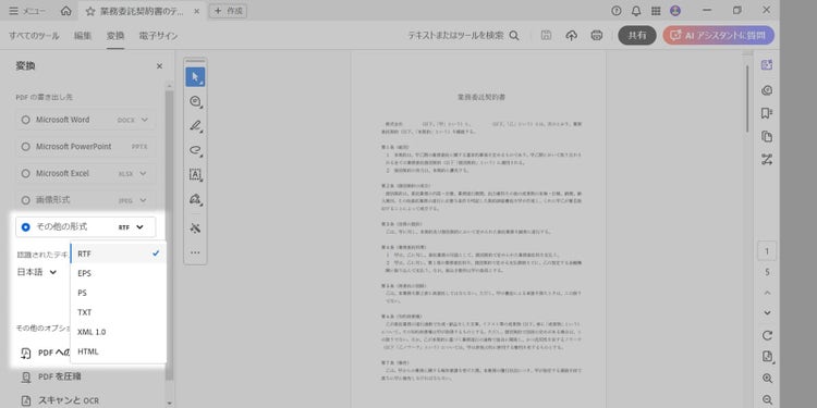 「その他の形式」の一覧から「RTF」の項目を選択