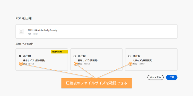 Adobe Acrobat オンラインツールではファイルサイズを確認しながら圧縮できる