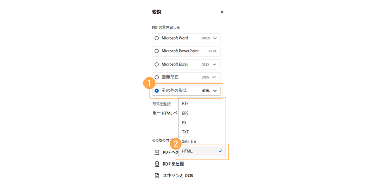 「PDF の書き出し先」の「その他の形式」から「HTML」を選び、「HTML に変換」ボタンをクリックする