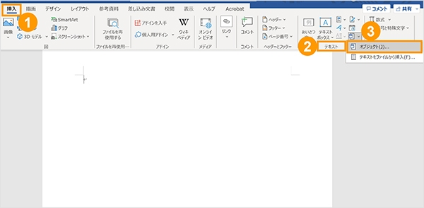 Word文書を開き、「挿入」タブの「テキスト」のグループから「オブジェクト」を選択する