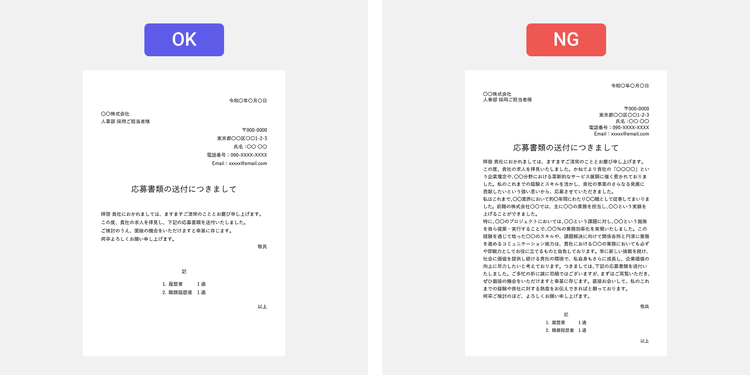 簡潔に記載されているOK例と、内容が整理されておらず長文で記載されているNG例
