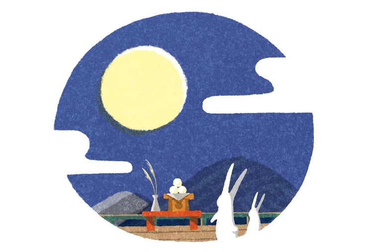 月と兎、ススキとお団子が描かれた十五夜の水彩画