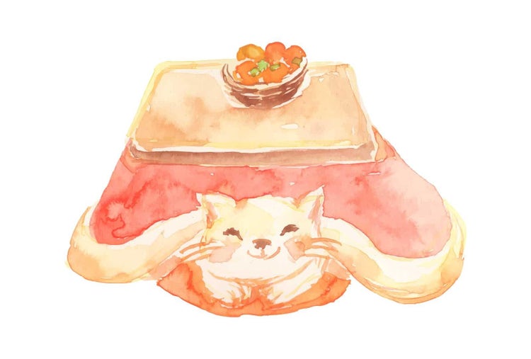 みかんが乗ったこたつと、そのこたつから顔を出す猫の水彩画