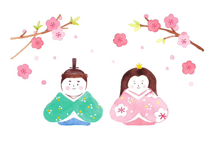 桃の花、ひな人形の水彩画
