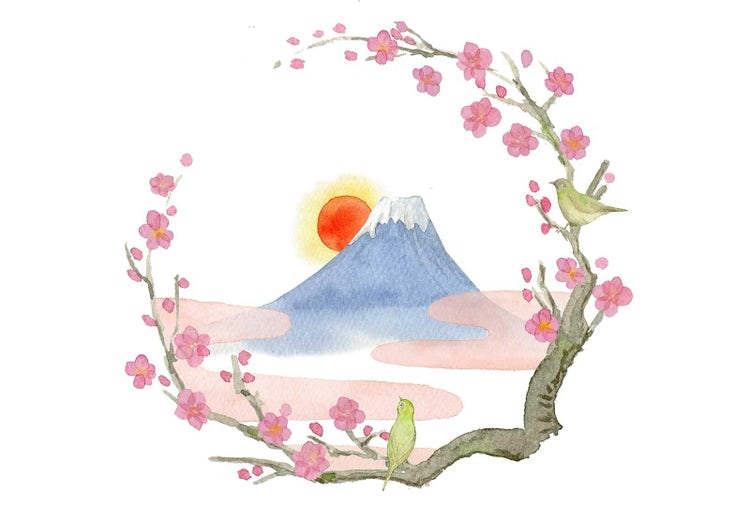 富士山と初日の出と梅の花と鶯の水彩画