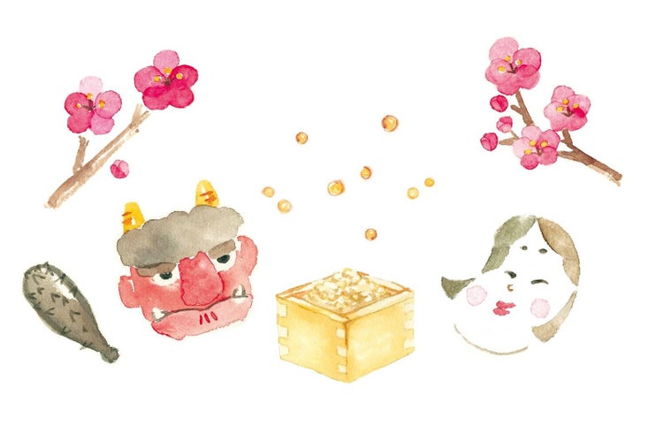 梅の花と節分の豆、鬼、おかめのイラスト