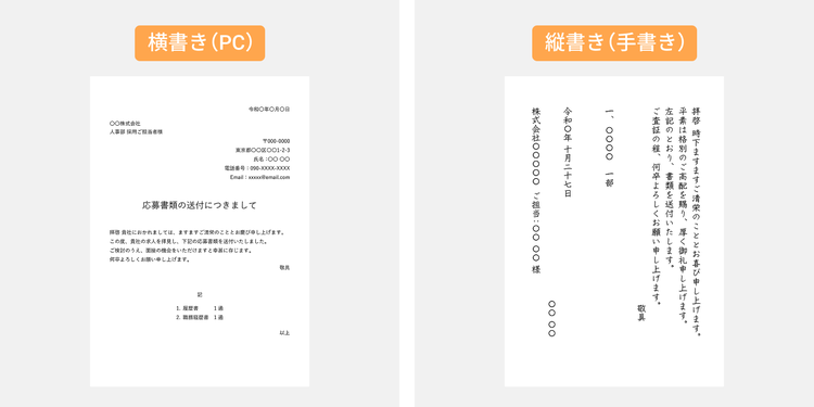 横書き（PC）と縦書き（手書き）の図示