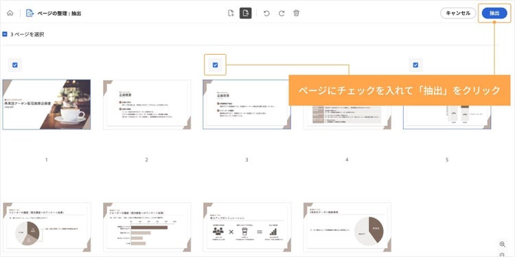 プレビュー画面で、保存したいページにチェックを入れて「抽出」をクリックする