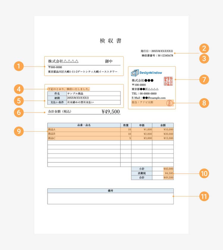 検収書の記載項目と記入例