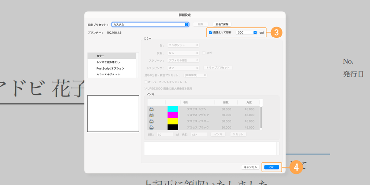 画像として印刷」にチェックを入れ、必要に応じて解像度を設定したら「OK」を押し、プリントウィンドウに戻ったら、「印刷」をクリックして印刷を実行する