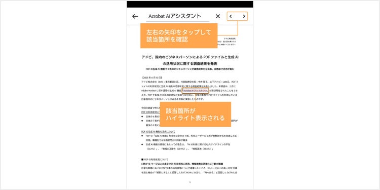 左右の矢印をタップしてハイライト表示された該当箇所を確認する