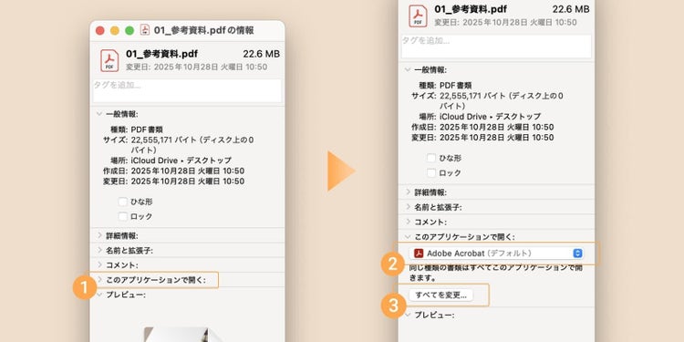 「このアプリケーションで開く」をクリック後、メニューから「Adobe Acrobat」を選択し、「すべてを変更...」をクリックする