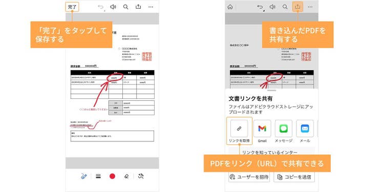 「完了」をタップして保存する。書き込んだPDFをリンク（URL）で共有することもできる
