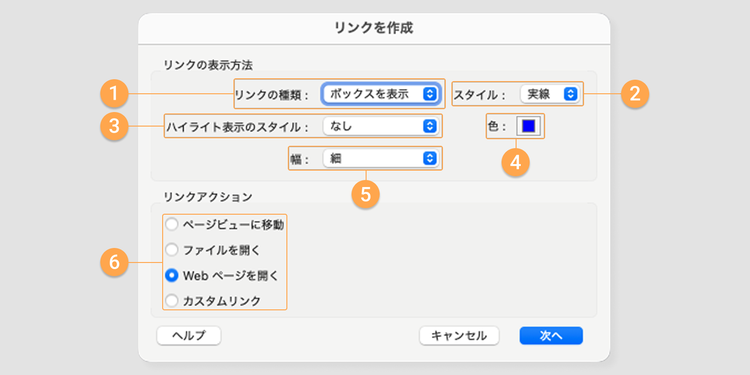 「リンクを作成（リンクのプロパティ）」ウィンドウで設定できる項目