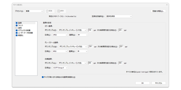 Acrobat上の「PDFの最適化」のダイアログボックス