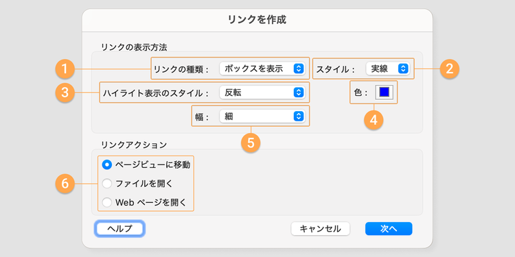 「リンクを作成（リンクのプロパティ）」ウィンドウで設定できる項目