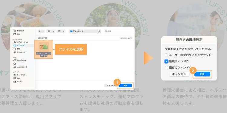 リンクしたいファイルを選んだら「選択」をクリックし、ファイルを開く方法（ユーザー設定のウィンドウセット／新規ウィンドウ／既存のウィンドウ）から選択したら「OK」を押す