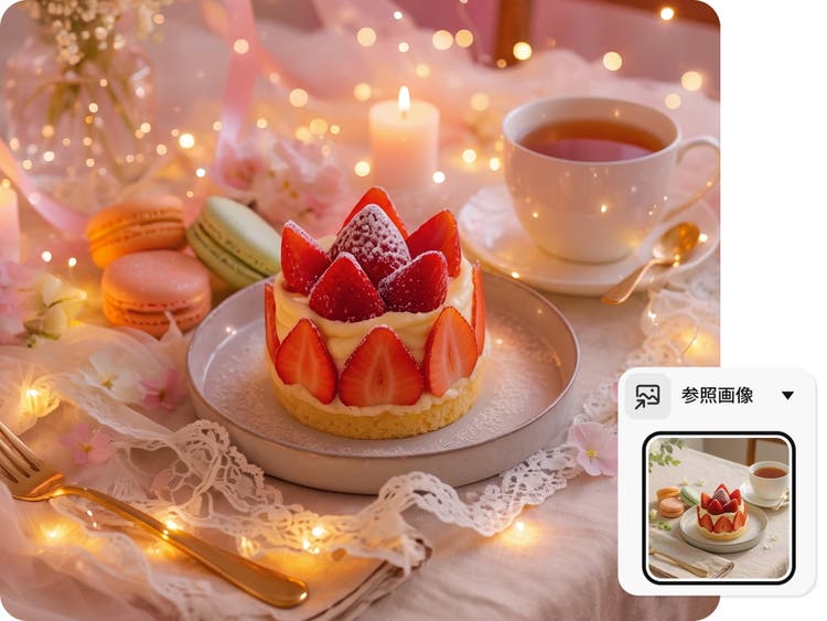 いちごのケーキと紅茶を並べたテーブルの写真を、灯りと花で彩ったロマンチックな雰囲気に作り変えた例。