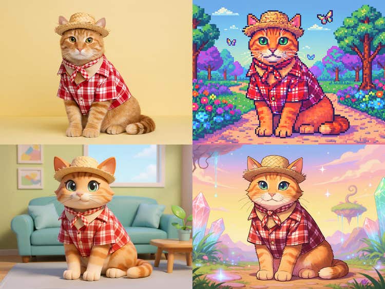 麦わら帽子とチェックのシャツを着た茶トラ猫を、写真・ドット絵・3Dアニメ・イラストの4つのスタイルで描き分けた例。