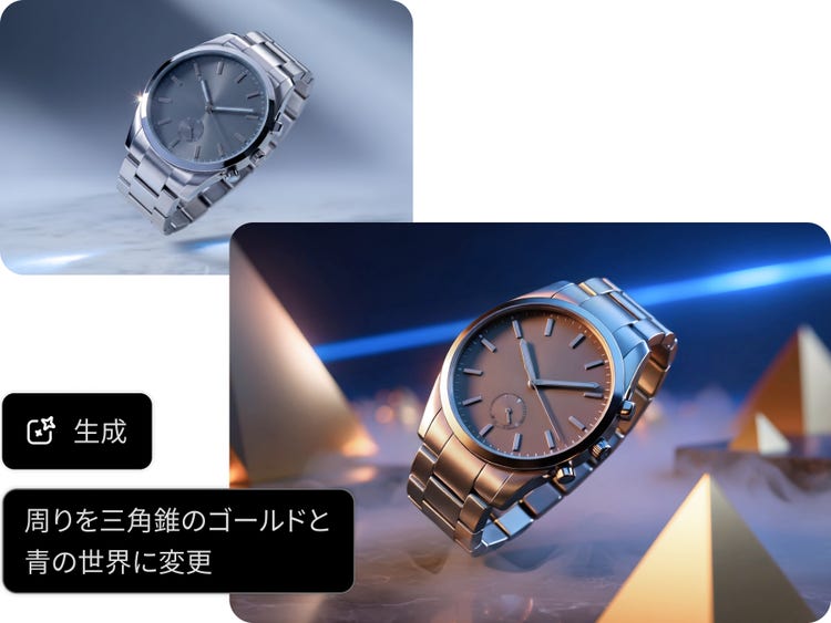 腕時計の商品写真をもとに、金色の三角錐と青い光が並ぶ幻想的な世界へ作り変えた例。