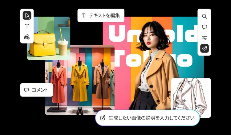 抽象芸術、ファッション写真、視覚的なストーリーテリングのための編集ツールなど、クリエイティブな画像タイルを備えたオンラインムードボード作成ツールのインターフェイス