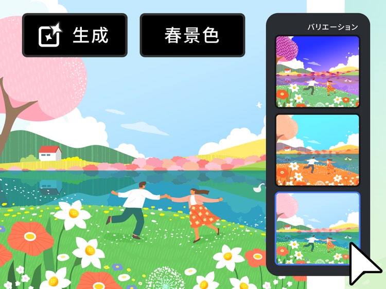 2人の男女が草原で踊っている