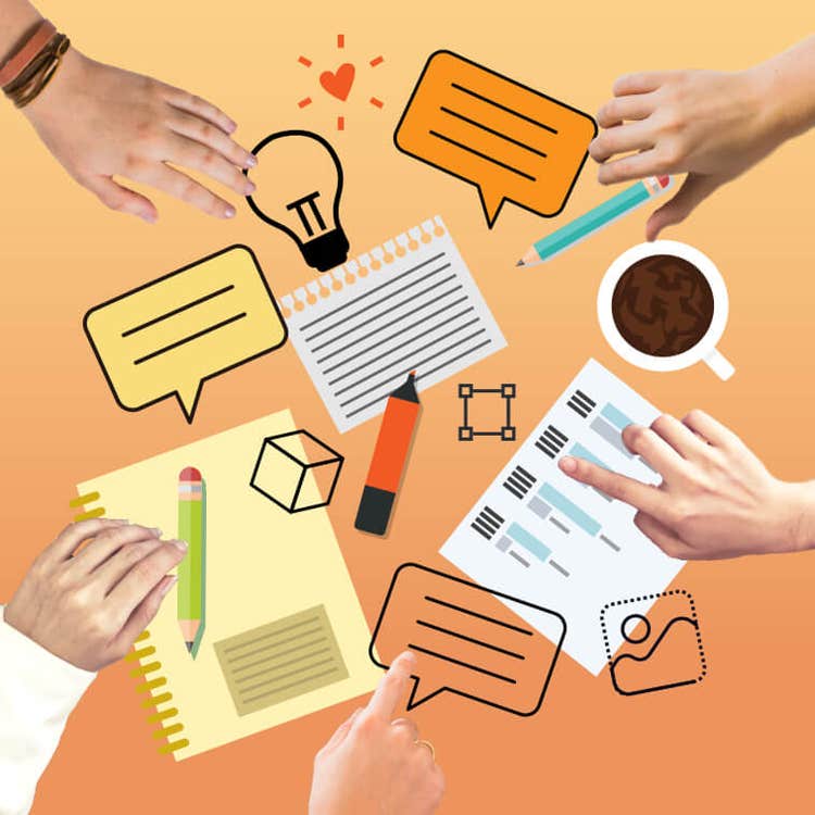 複数の手がメモやコメントアイコンを指し示したイラスト