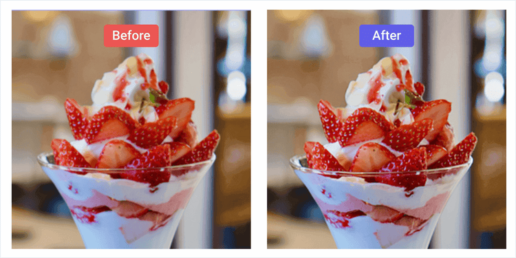 いちごパフェの写真のピンボケ補正前と補正後を比較