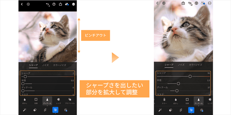 写真のシャープにしたい部分を指で拡大してからスライダーを動かす