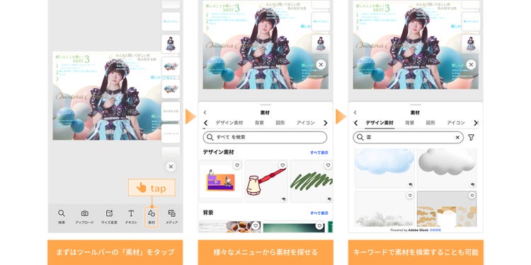 ツールバーの「素材」をタップすると様々な素材を追加できるほか、検索窓にキーワードを入力してカンタンに探せる図示