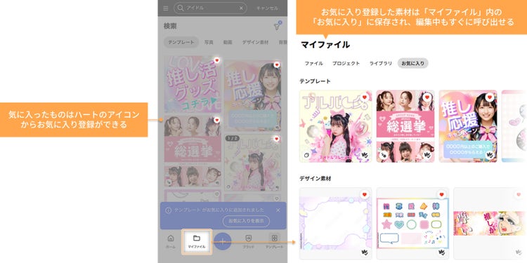 気に入った素材やテンプレートなどはハートのアイコンからお気に入りに登録でき、次に何かを作るときもすぐに呼び出せて便利なAdobeExpressの図示