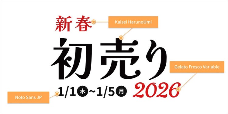「Kaisei HarunoUmi」「Noto Sans JP」「Gelato Fresco Variable」を使い、和の上品さと親しみやすさを両立させた「新春初売り」のタイポグラフィの例