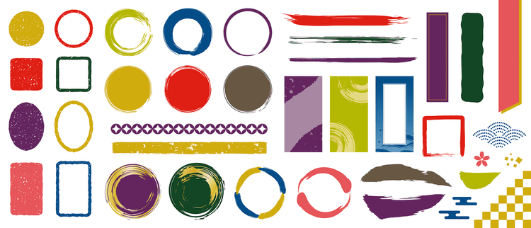 カラフルな落款＆筆＆あしらいの和風素材セット