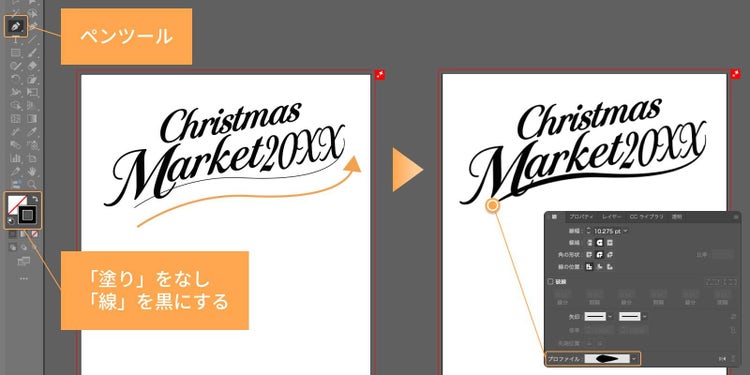 「ペンツール」でカーブを描き波線のような装飾を追加、線の太さにメリハリを付けたい場合は「線」パネル内の「プロファイル」から好みのスタイルを選ぶ