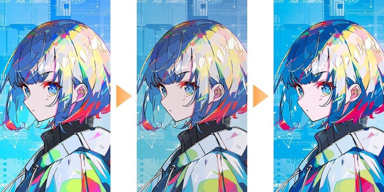 RGBで作成したイラストを、CMYKに変換し、補正を行った色味変化の経過