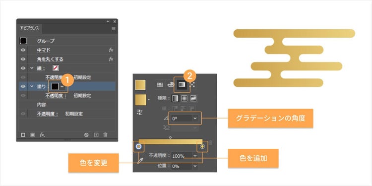 アピアランスパネル内の「塗り」をクリックして「グラデーション」アイコンを選択