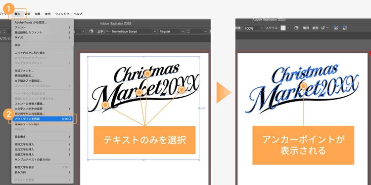 テキストを選択し、「書式」＞「アウトラインを作成」の順にクリックすると、テキストが図形（パス）に変換され、アンカーポイントを直接編集できるようになる